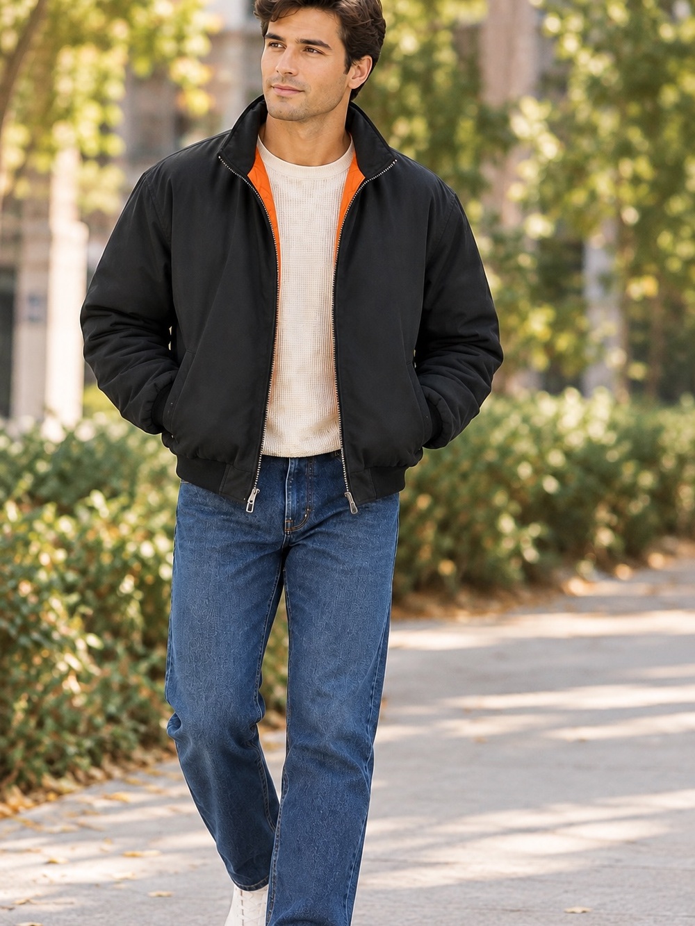 Men’s XL TRR Black Bomber Jacket & Quilted Orange Lining Flight Aviator Bouncer